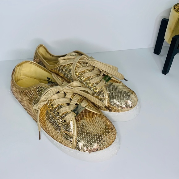 BEBE Dyanna logo sneakers w/ shimmery gold sequins - Picture 2 of 6